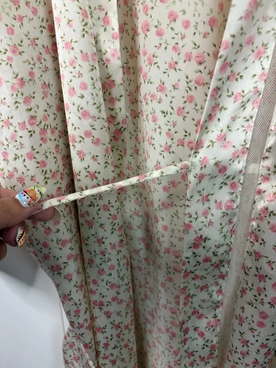 Vintage Cream Pink Rose Satin Kimono Robe Floral Cottagecore Romantic sz medium - Picture 8 of 11